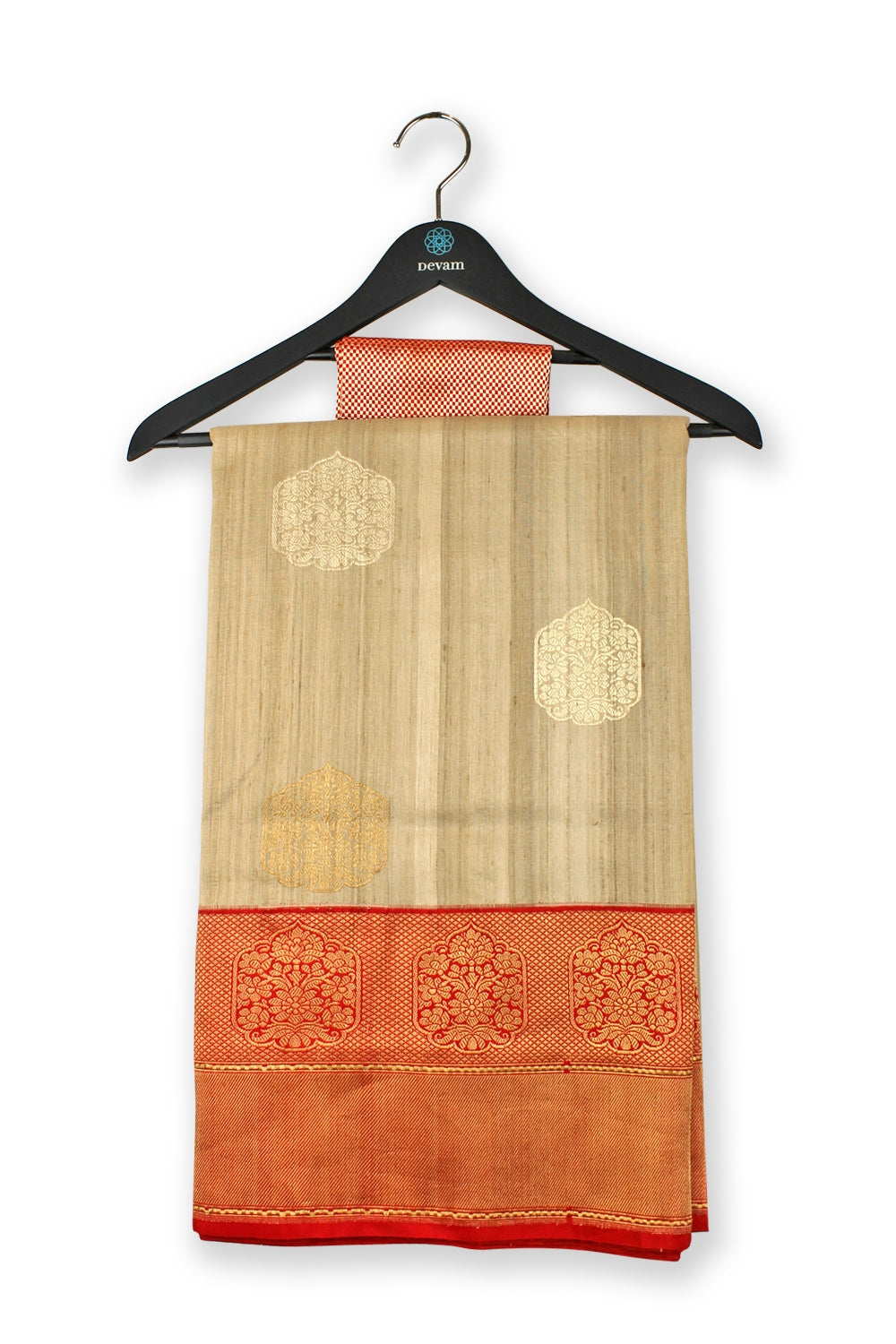 Golden Beige Handloom Medallion Silk Banarasi Saree Devam