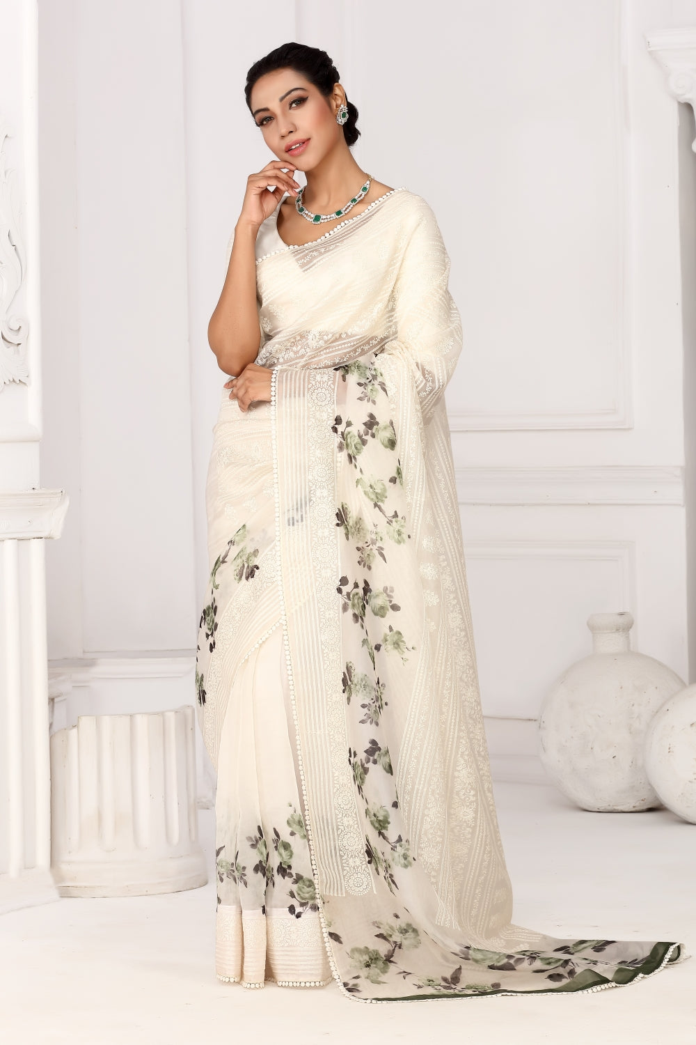 Kora Organza in White & Leaf Green Devam