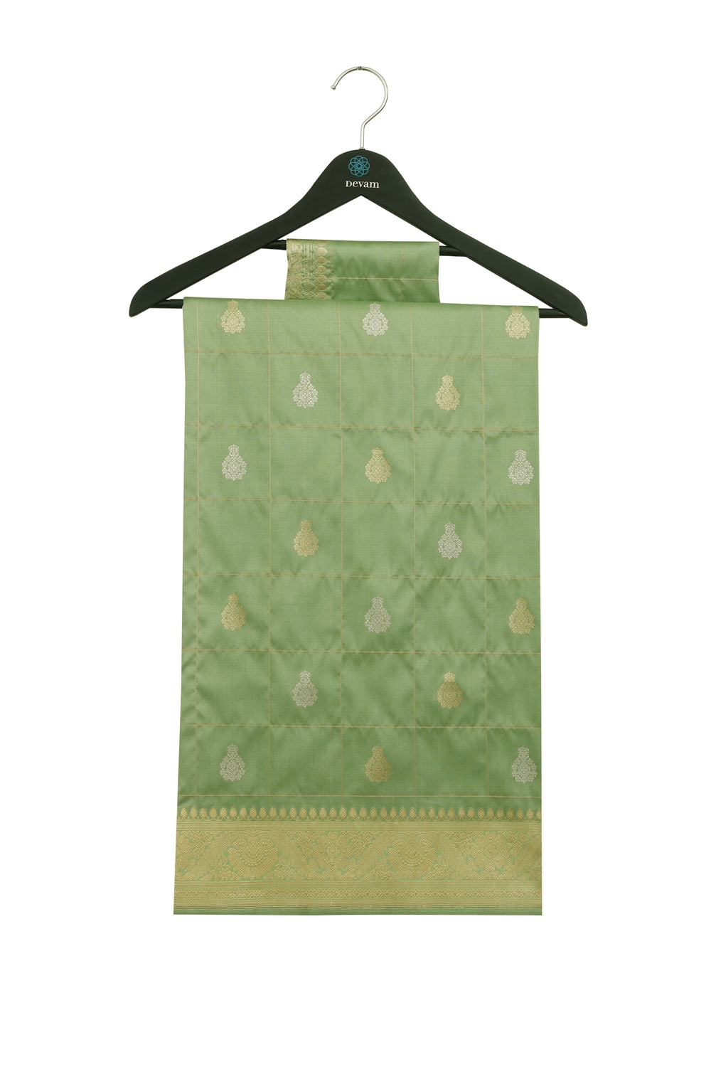 Light Green & Golden Checked Hand Loom Silk Banarasi Saree Devam