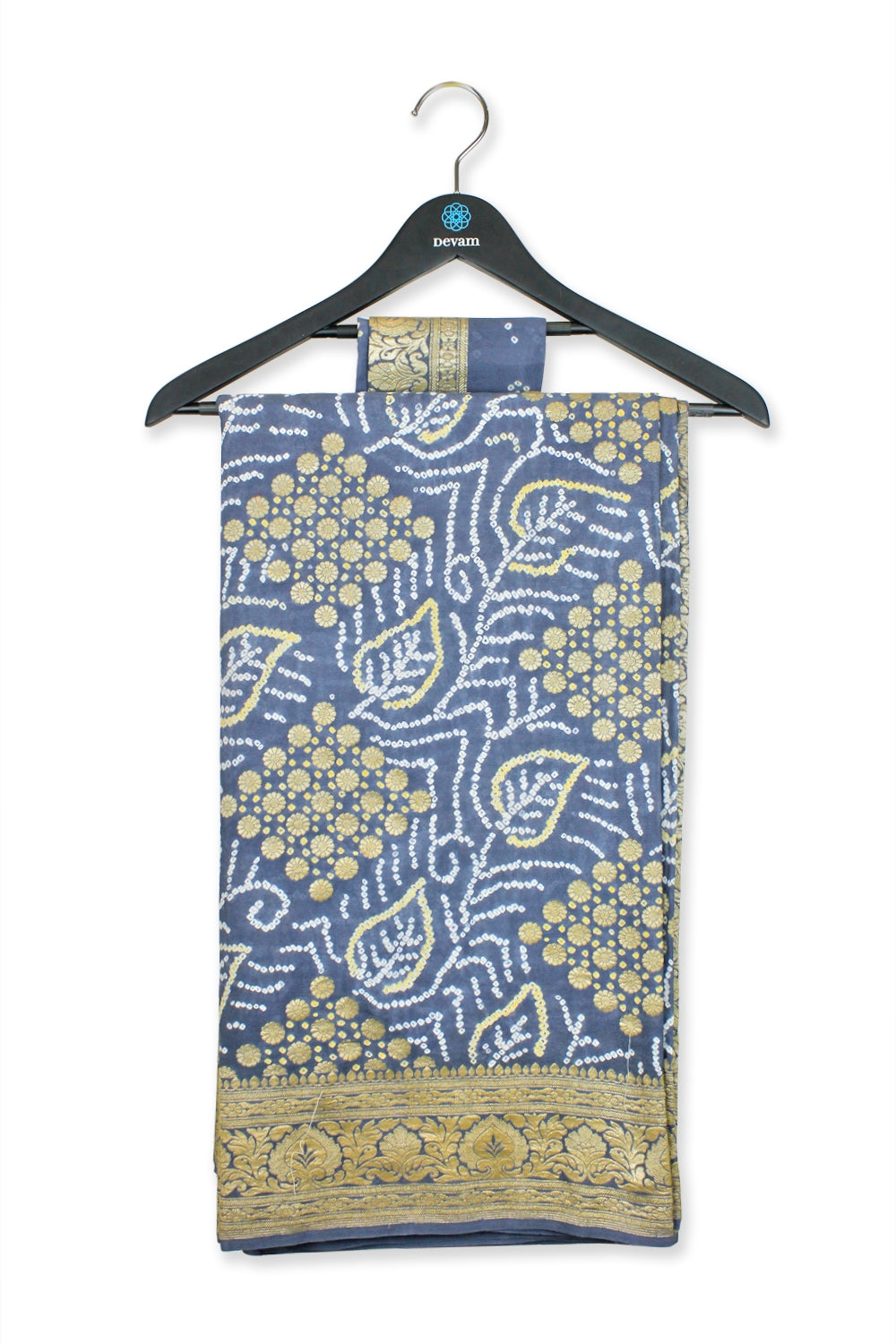Navy Blue Golden Matrix Floral Georgette Bandhej Saree Devam