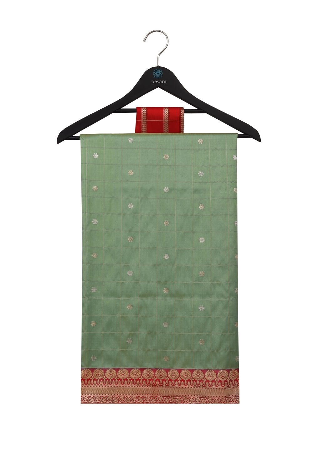 Olive Green & Golden Checked Hand Loom Silk Banarasi Saree Devam