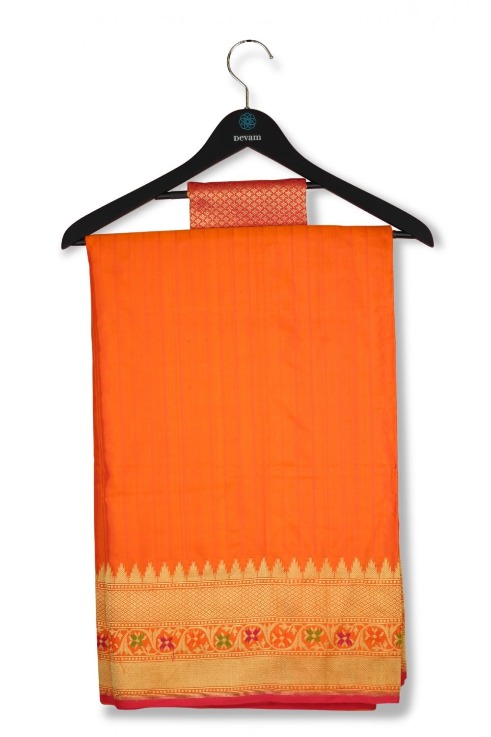 Orange Banarasi Silk Saree With Temple Border Devam