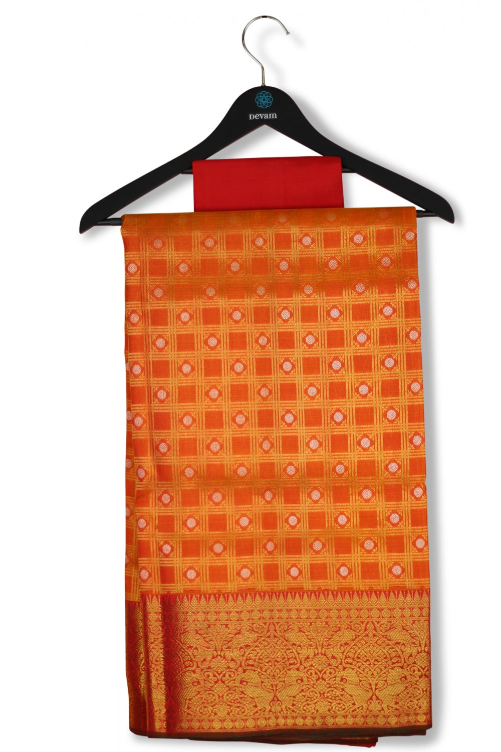 Orange & Red Real Jari Checkered Silk Kanjeevaram Saree Devam
