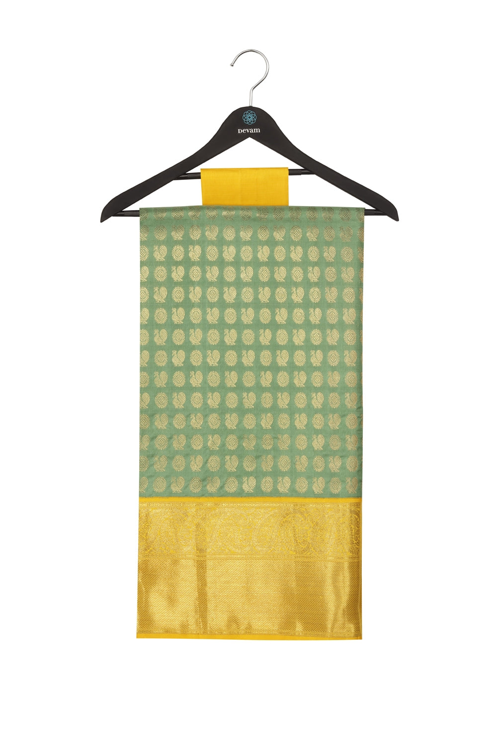 Pale Green & Golden Yellow Morchakra Real Jari Silk Kanjeevaram Saree Devam