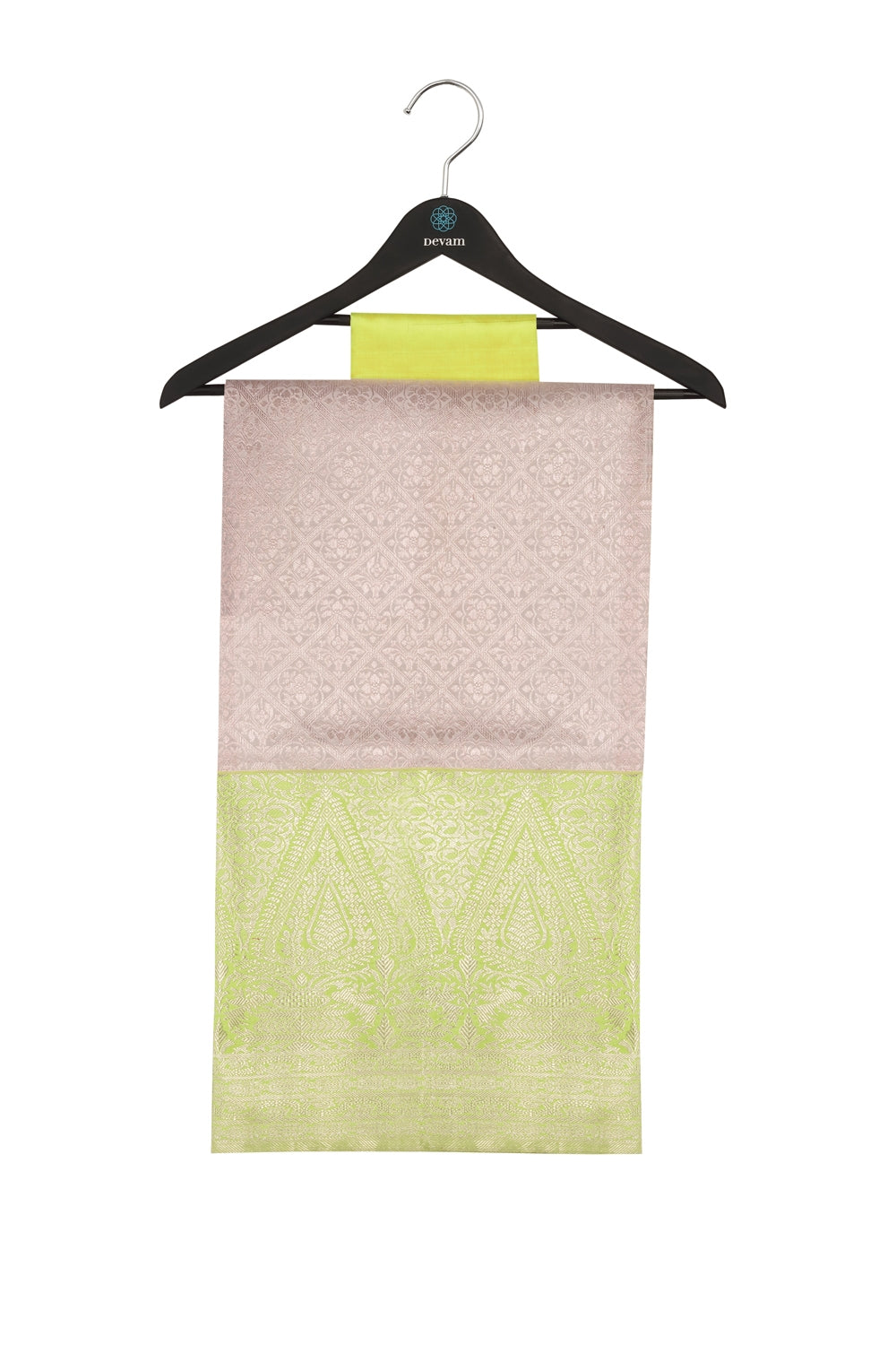 Pale Pink Checker and Yellow Real Jari Golden Silk Kanjeevaram Saree Devam