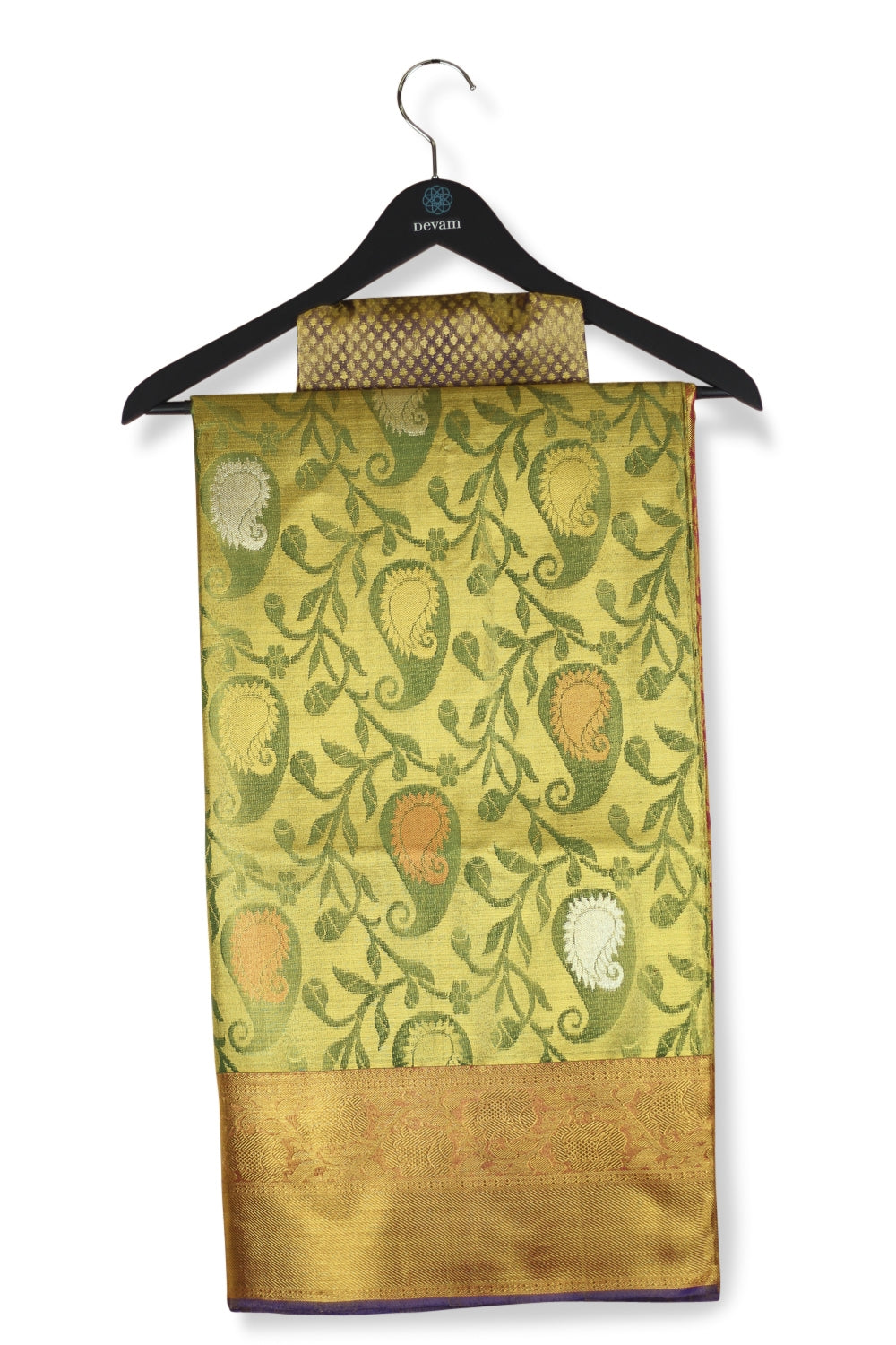 Real Jari Gold And Green Mango Motif Devam