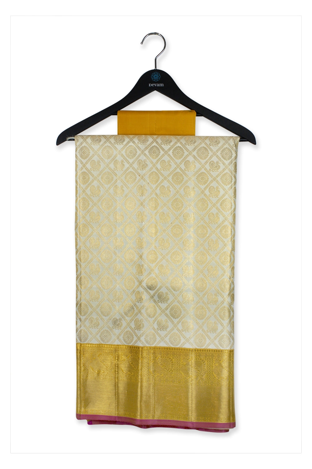 Real Jari Golden Morchakra Checkered Kanjeevaram Silk Saree Devam