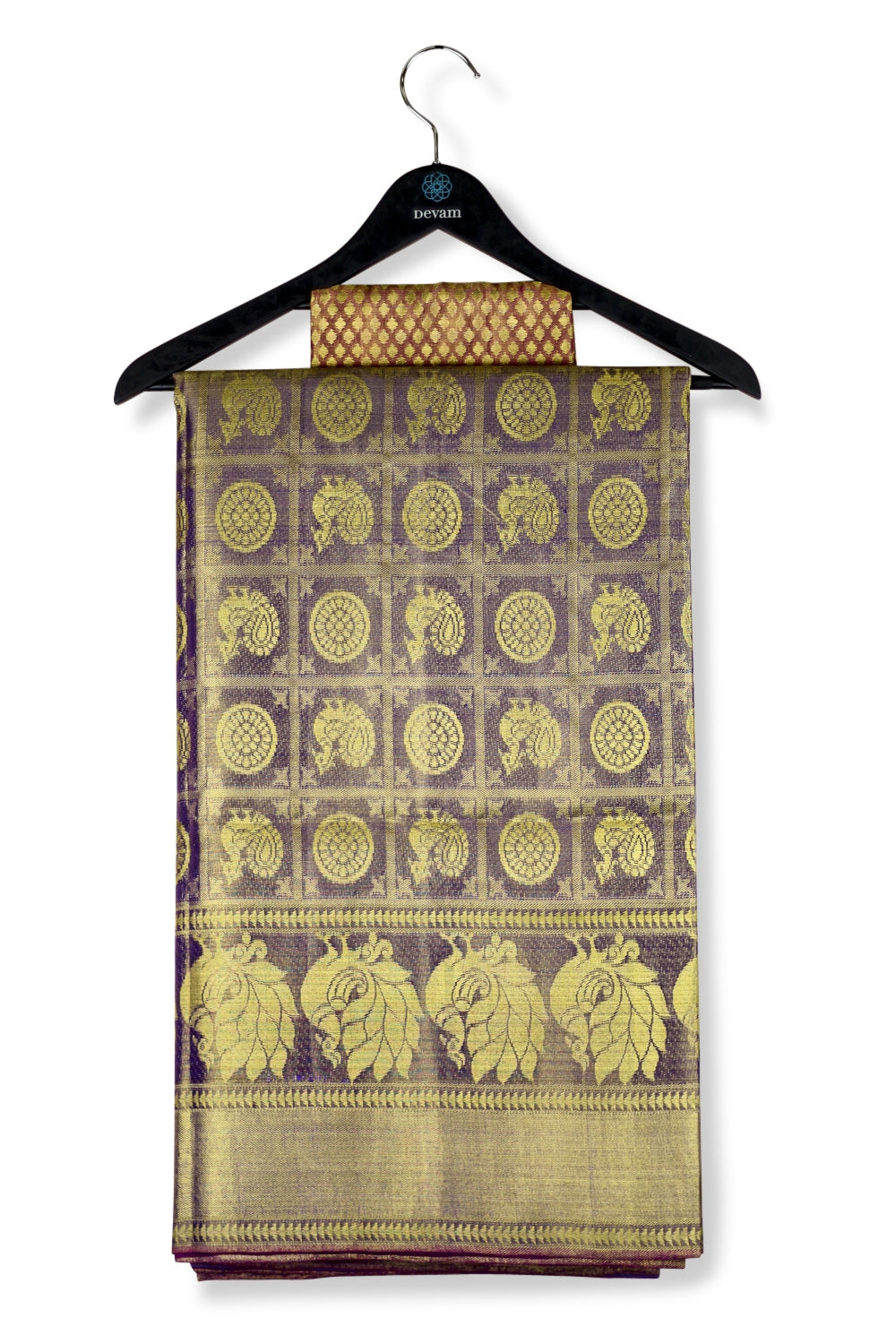 Real Jari Golden Violet Morchakra Silk Kanjeevaram Saree Devam