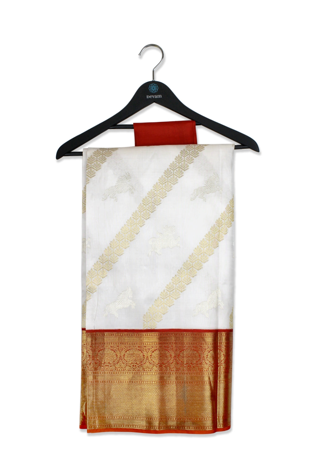 Real Jari Golden White Floral Sash Silk Saree Devam