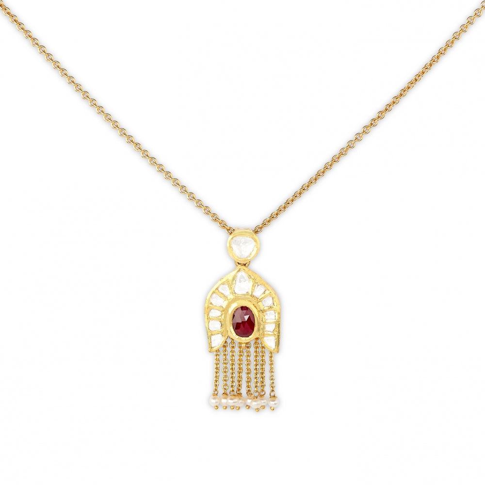 Petite Ruby Pendant Gold Strand Necklace Set Devam