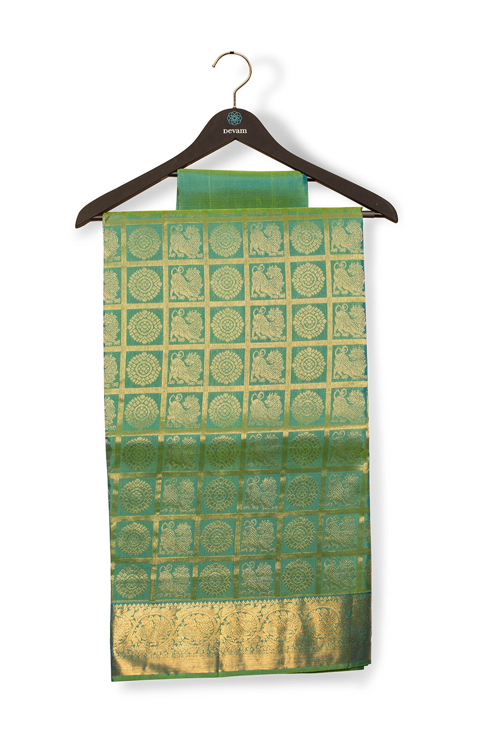 Teal And Green Yalichakra Silk Saree Kanjeevaram With Real Jari Devam