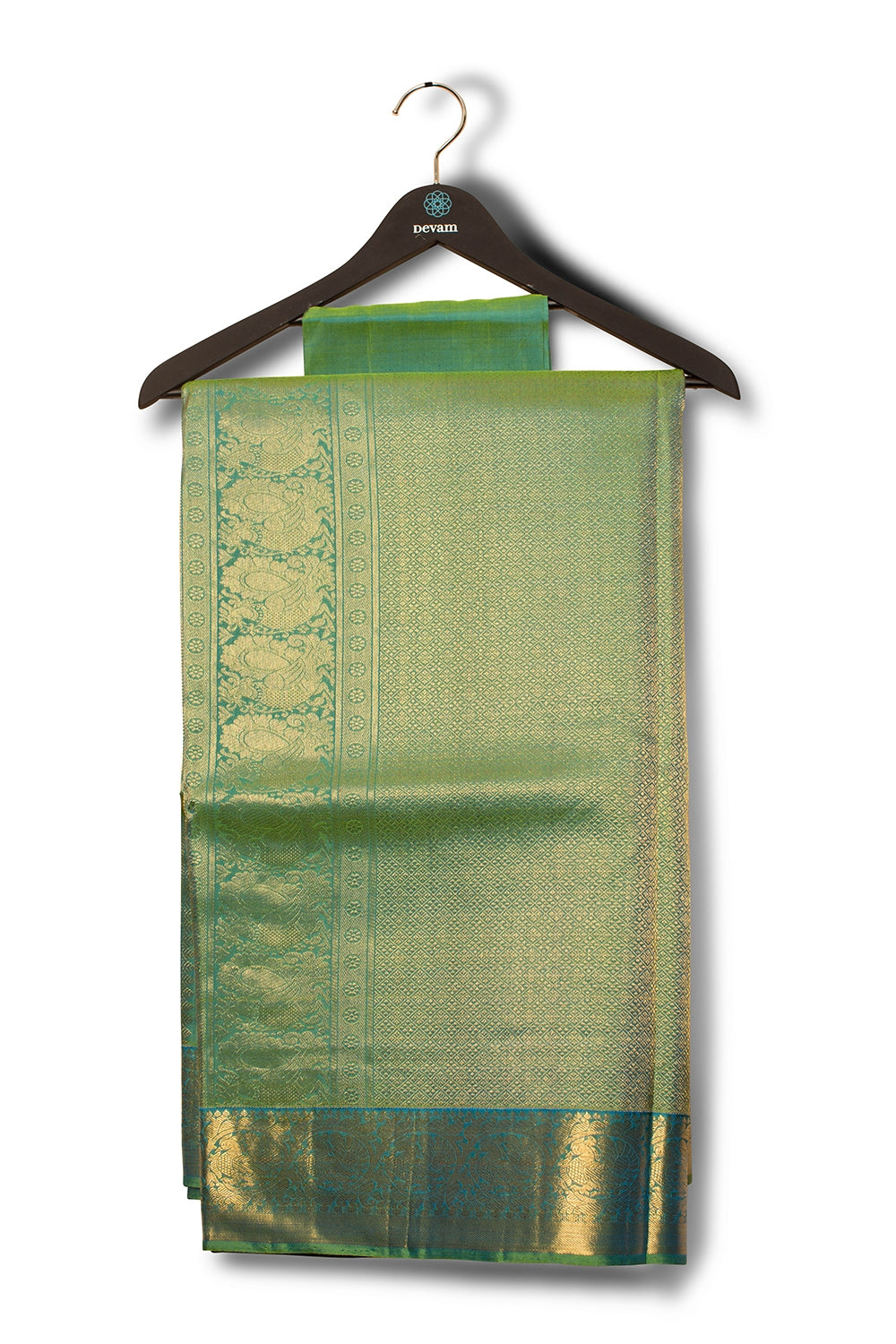 Teal And Green Yalichakra Silk Saree Kanjeevaram With Real Jari Devam