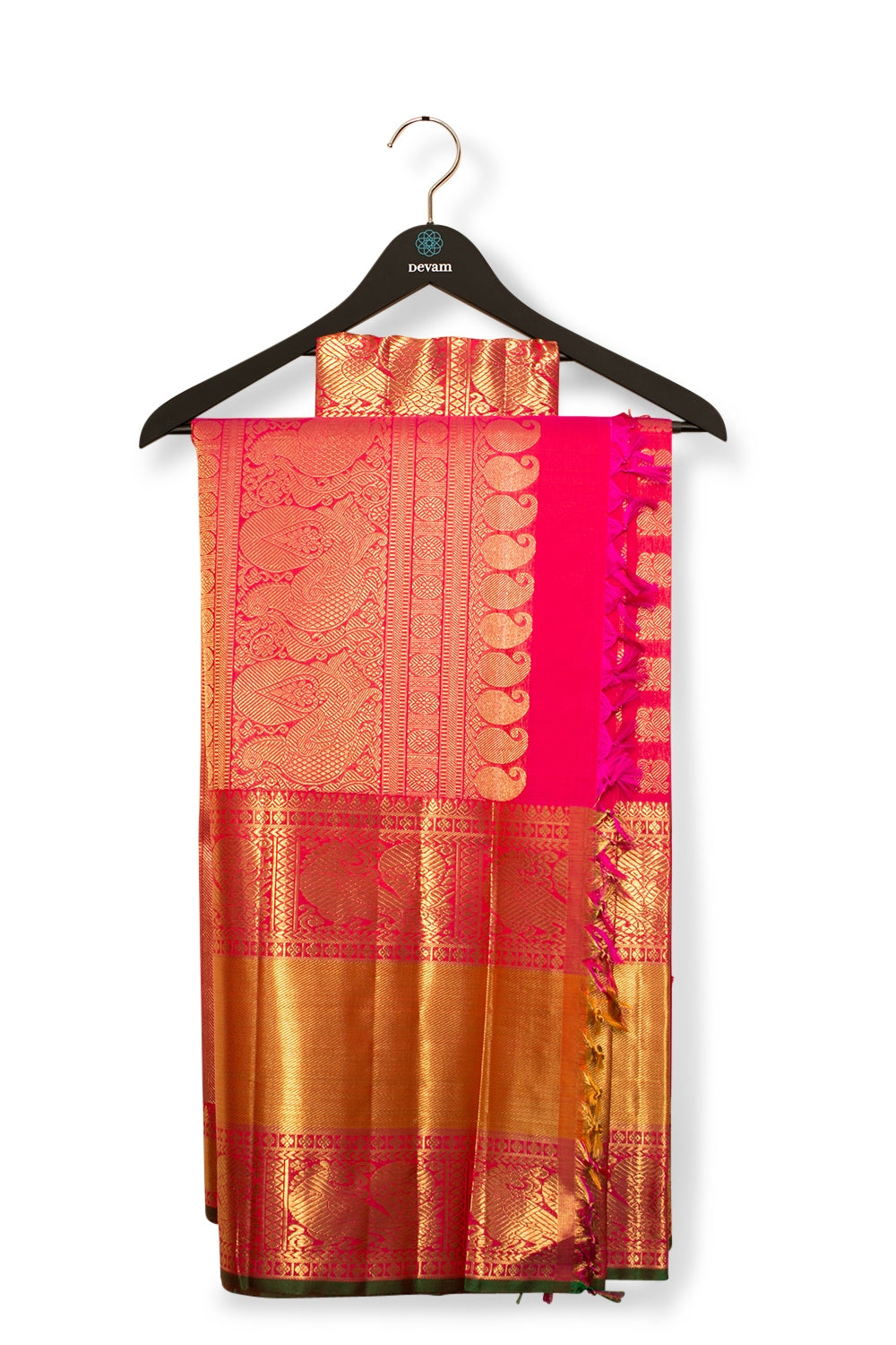 Bright Fuchsia Real Jari Morchakra Silk Kanjeevaram Saree Devam