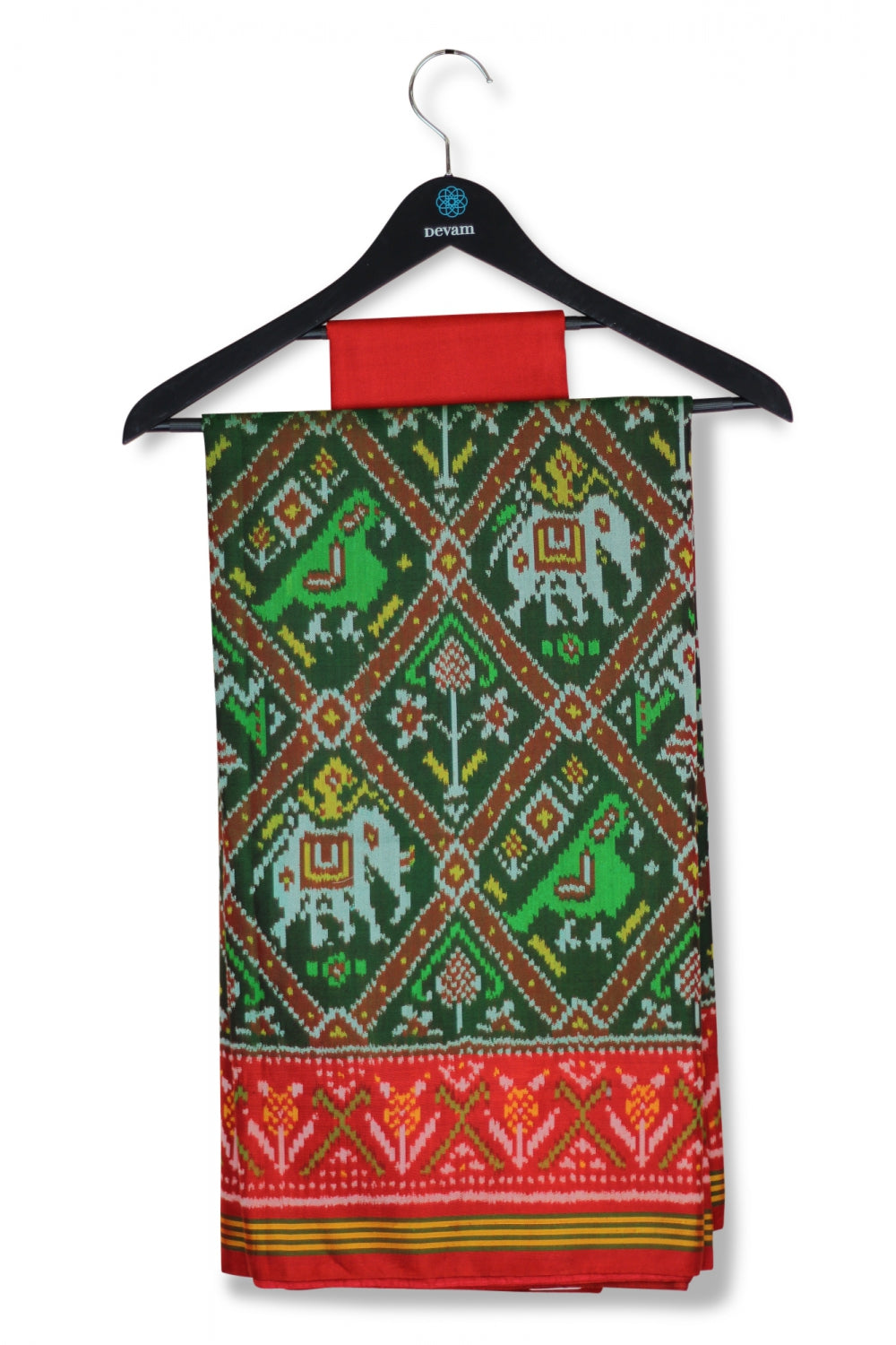 Forest Green & Red Single Ikkat Patan Style Silk Patola Saree Devam