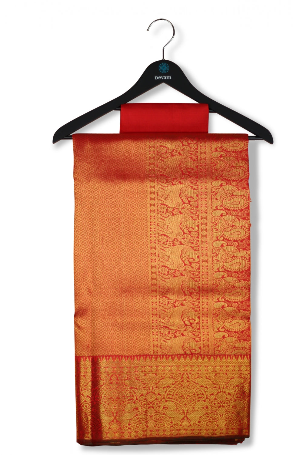 Orange & Red Real Jari Checkered Silk Kanjeevaram Saree Devam