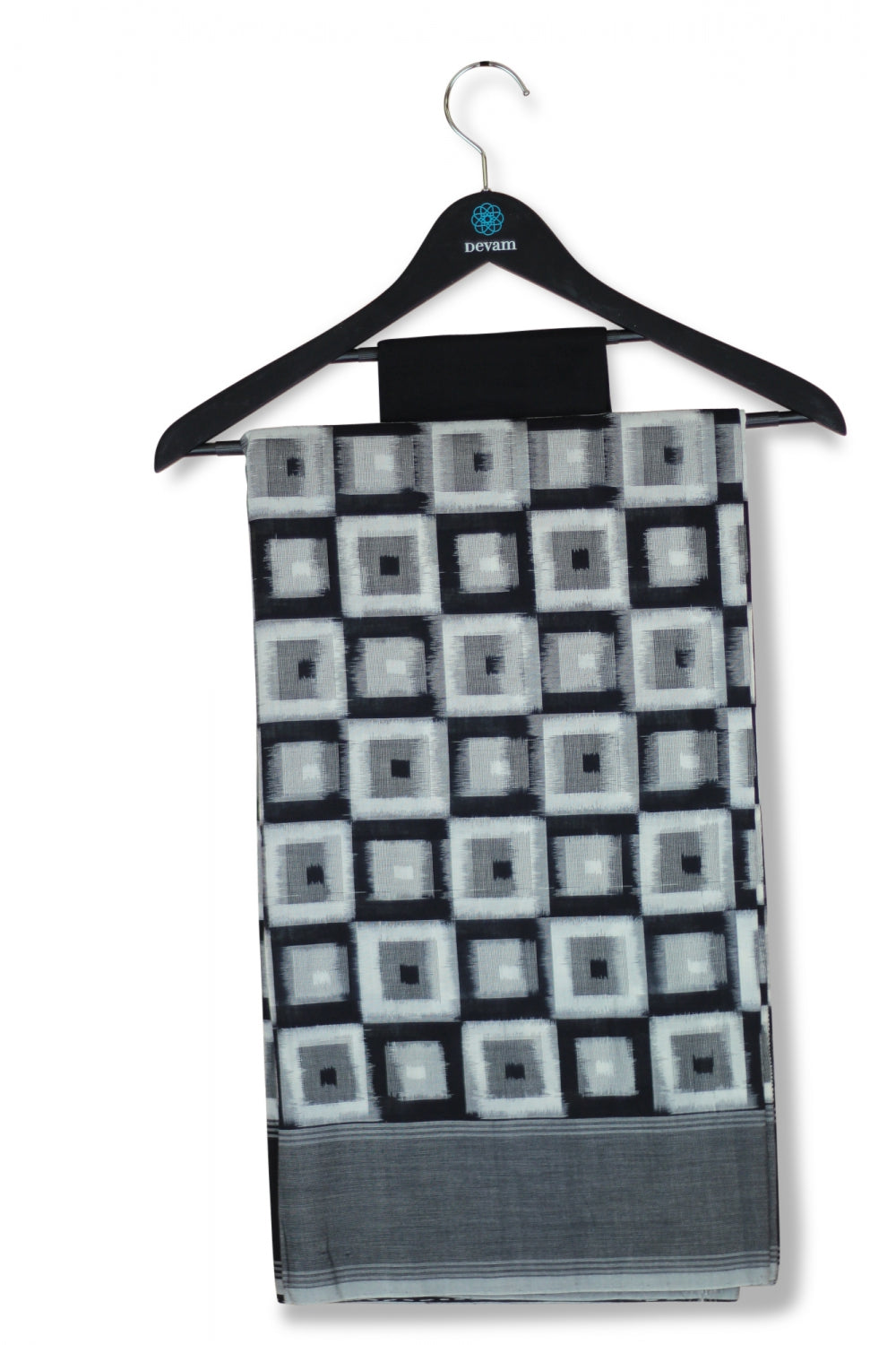 Black & White Checkered Cotton Ikkat Handloom Saree Devam