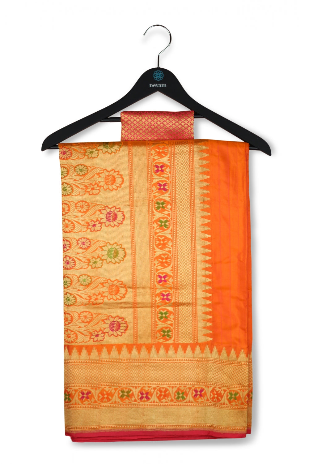 Orange Banarasi Silk Saree With Temple Border Devam