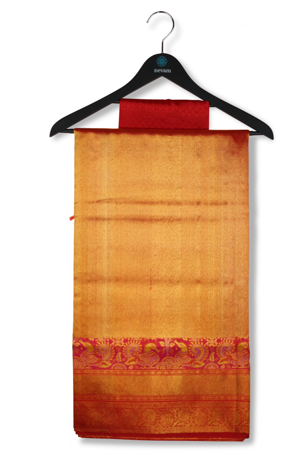 Mustard Yellow & Red Real Jari Silk Kanjeevaram Saree Devam