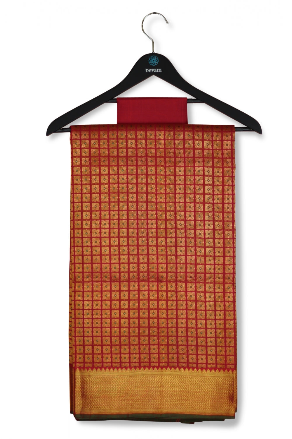 Red Checkered Real Jari Golden Silk Kanjeevaram Saree Devam