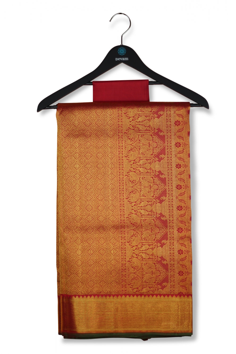 Red Checkered Real Jari Golden Silk Kanjeevaram Saree Devam