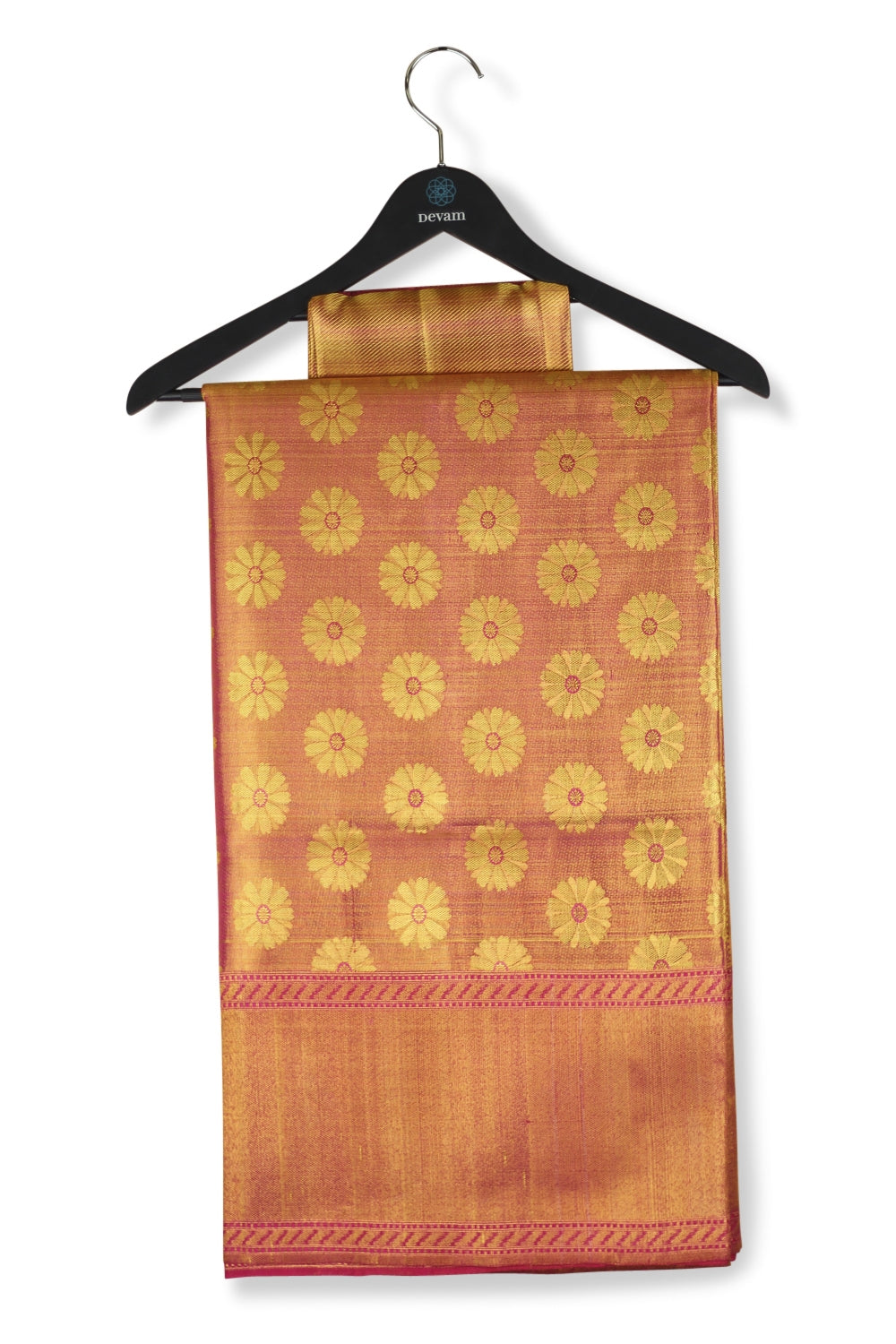 Golden Fuchsia Silk Kanjeevaram Saree Devam