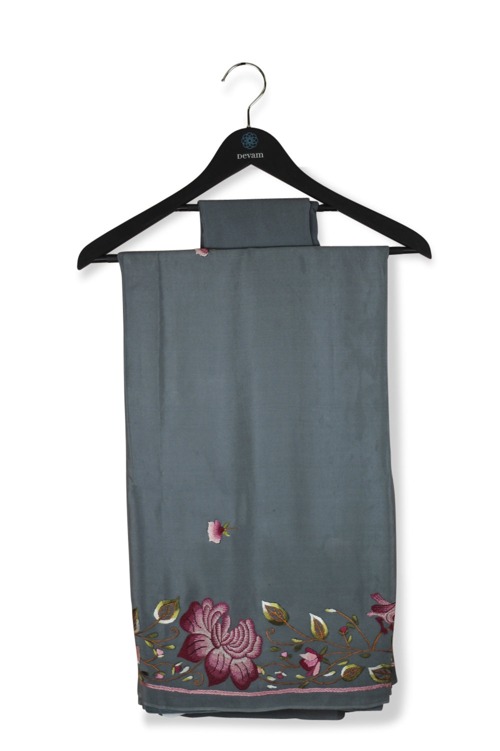 Gray Crepe Silk French Knot & Convent Embroidered Saree Devam