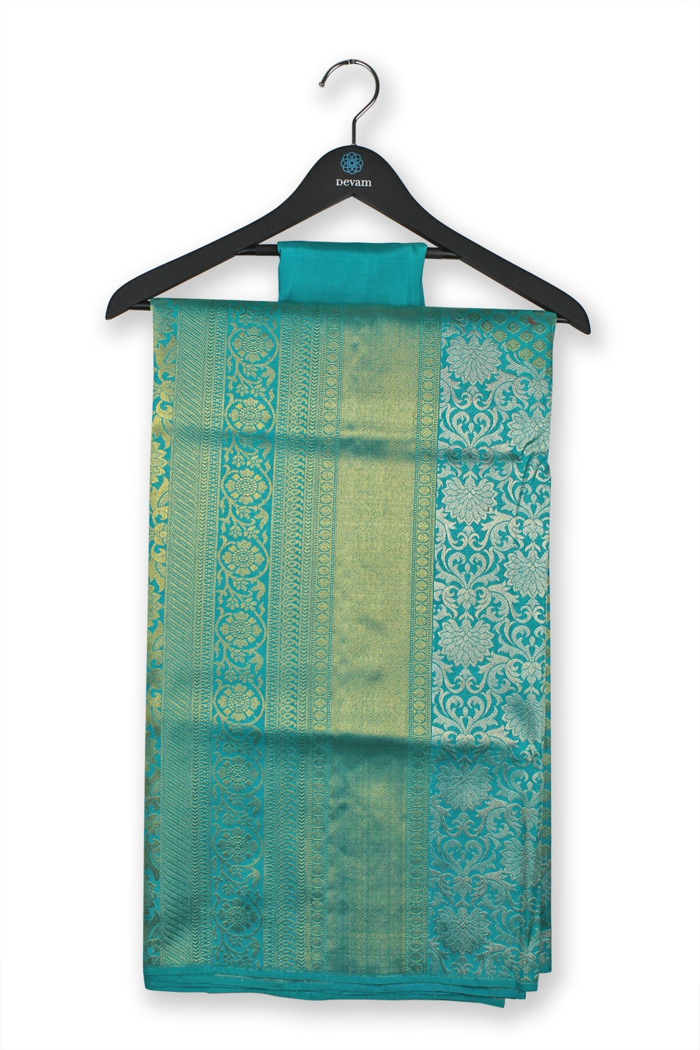 Teal Blue Floral Silk Kanjeevaram Saree Devam