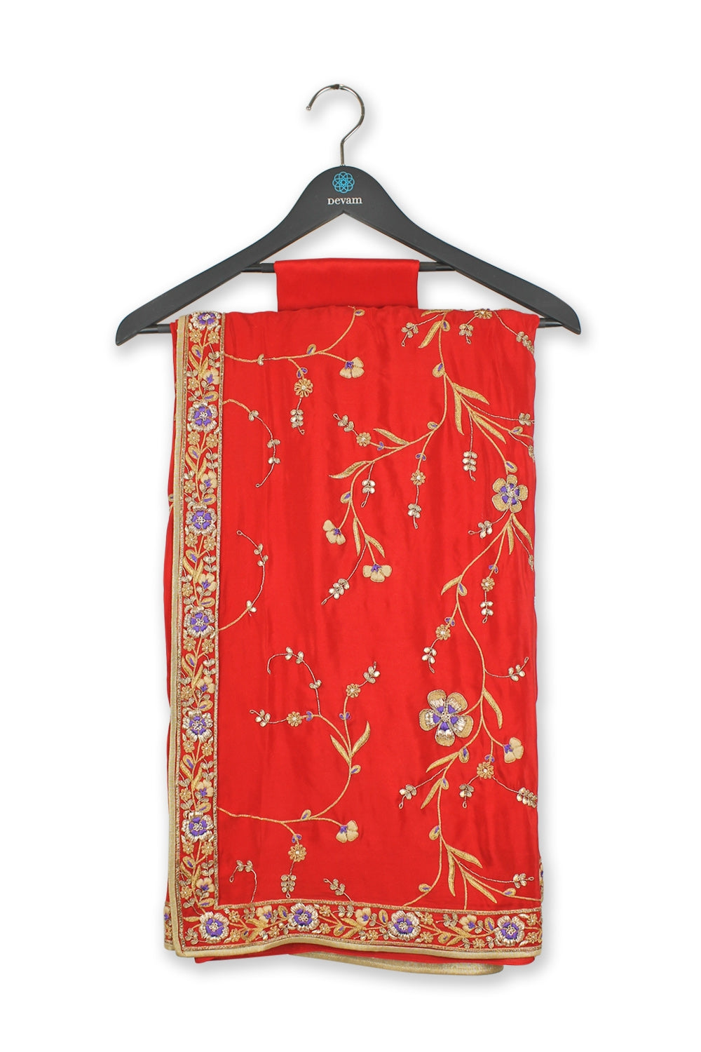 Fiery Red Hand Embroidered Silk Banarasi Saree Devam