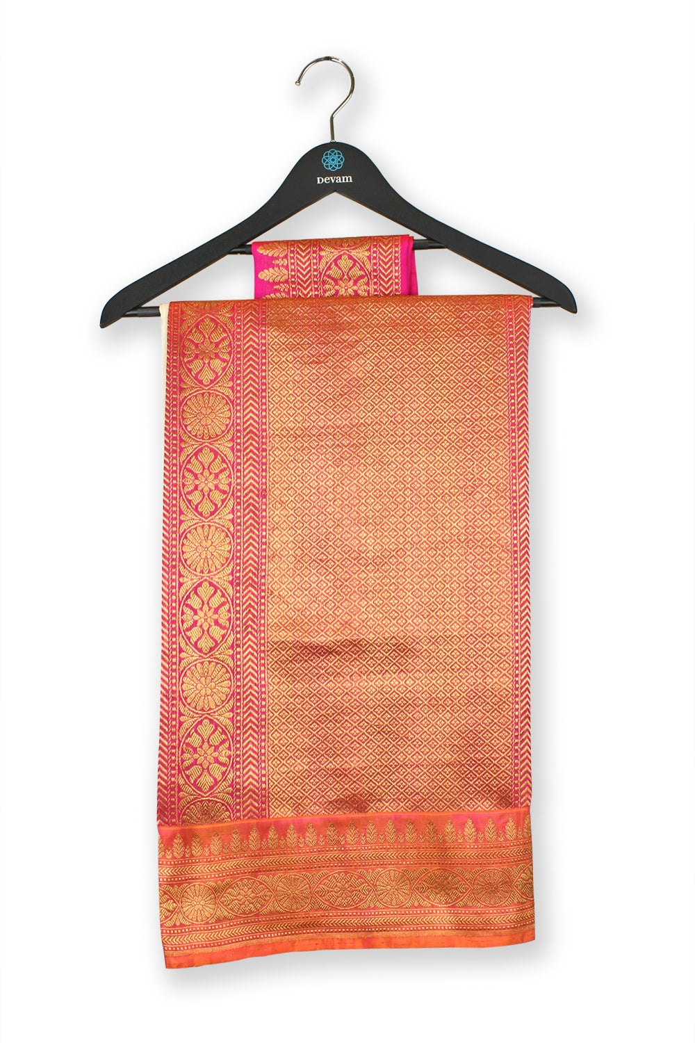 White & Pink Handloom Silk Banarasi Saree Devam