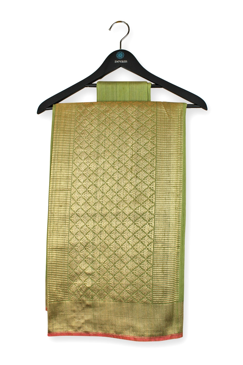 Light Green & Gold Handloom Muga Silk Banarasi Saree Devam