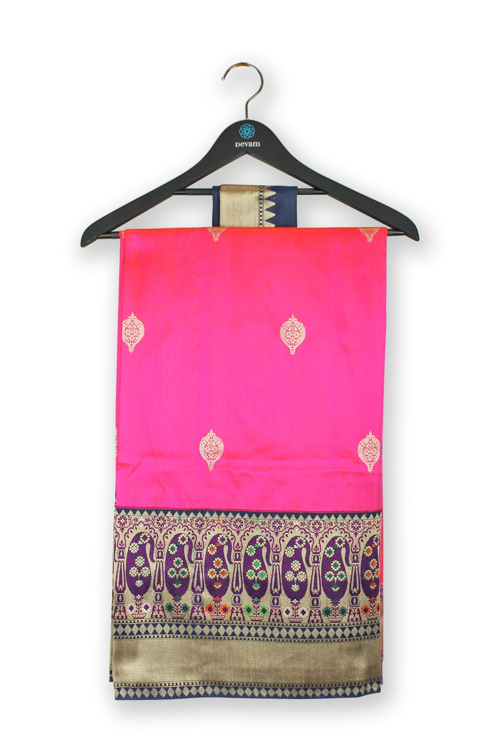 Vibrant Pink Mango Motif Katan Silk Banarasi Saree Devam