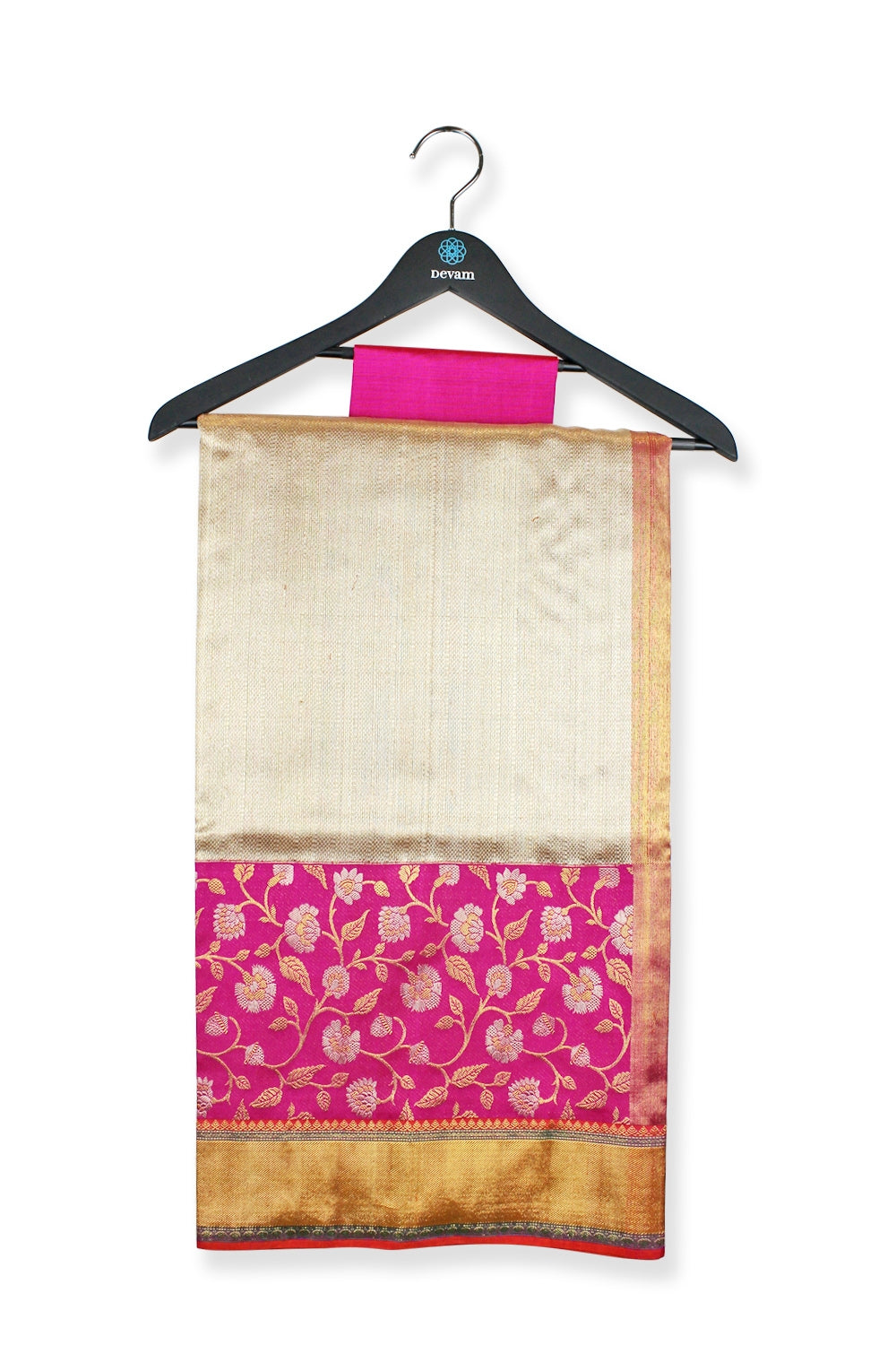 Real Jari Golden Pink Floral Silk Kanjeevaram Saree Devam