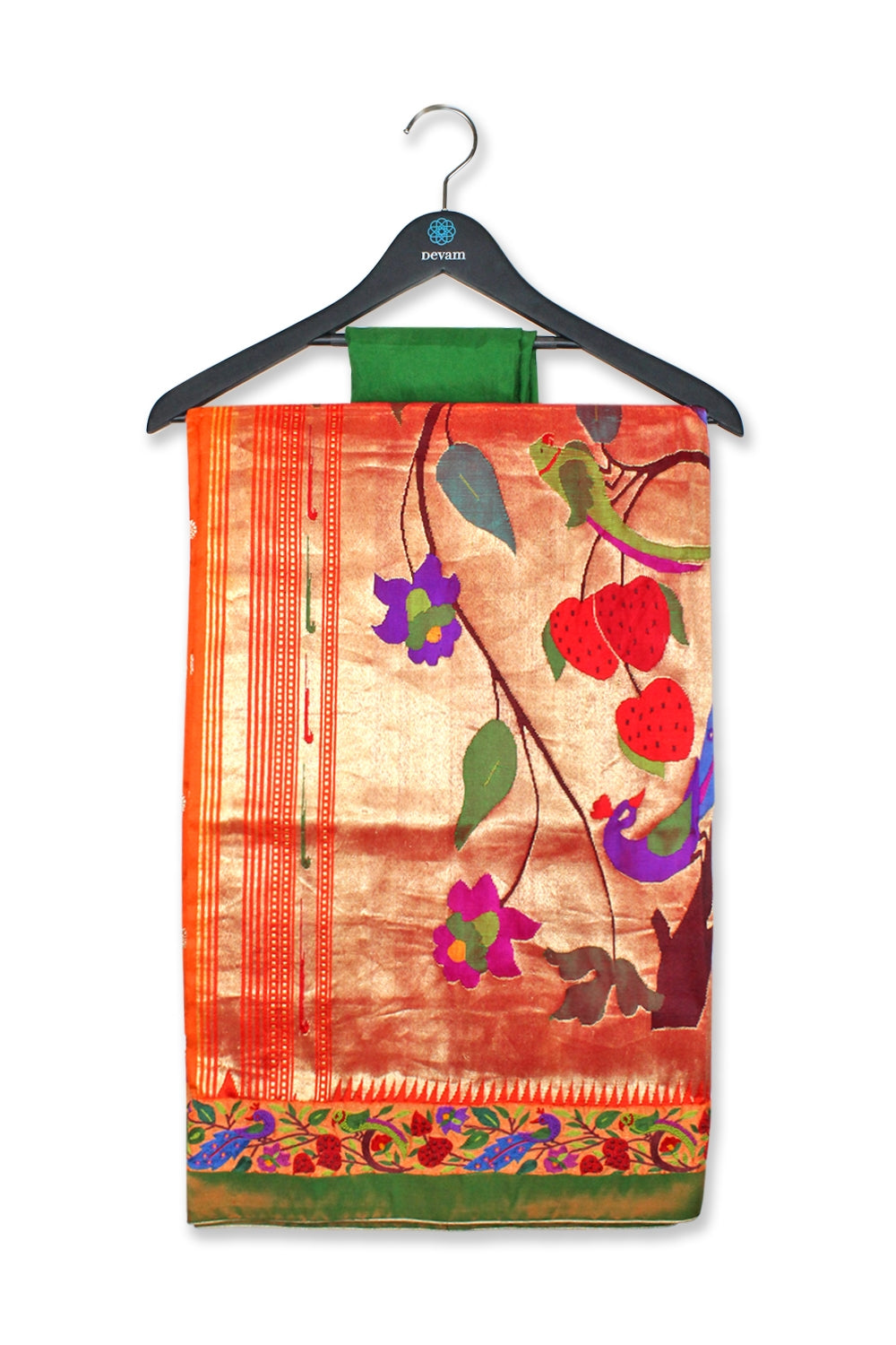 Hand Embroidered Orange Silk Floral Saree Devam