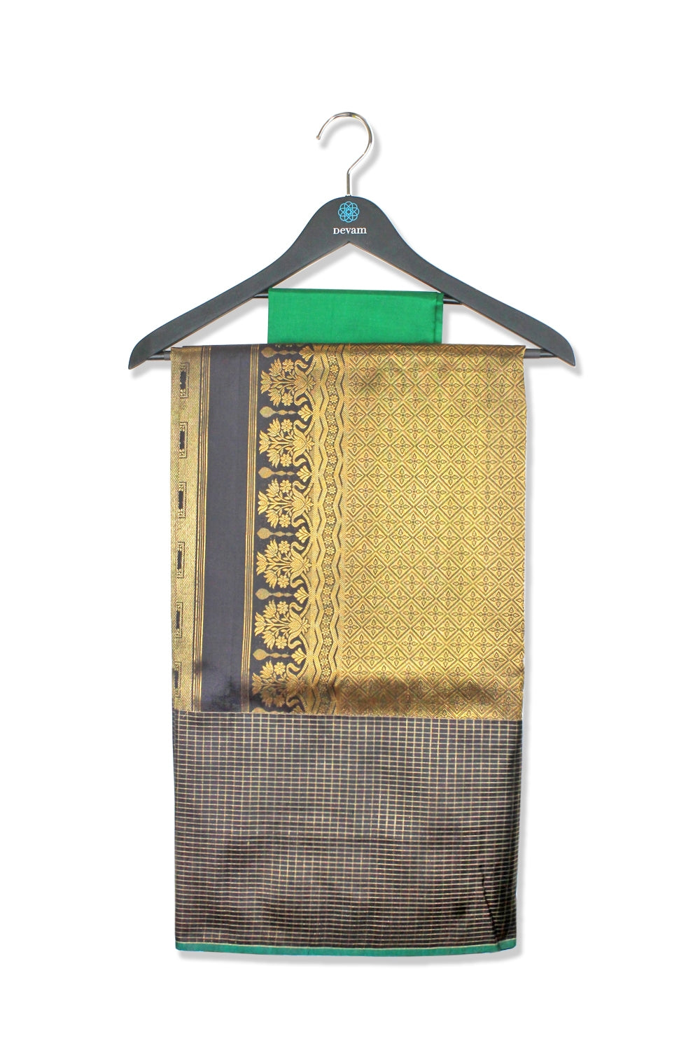 Real Jari Golden Regal Emerald Silk Handloom Saree Devam