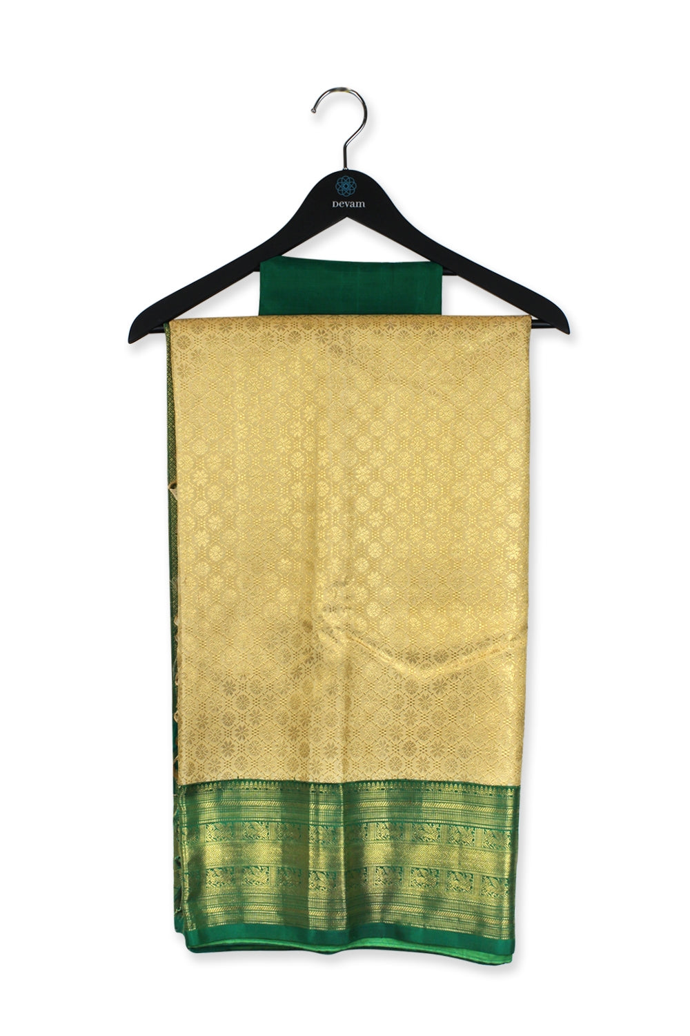 Real Jari Handloom Silk Green And Gold Kanjeevaram Saree Devam