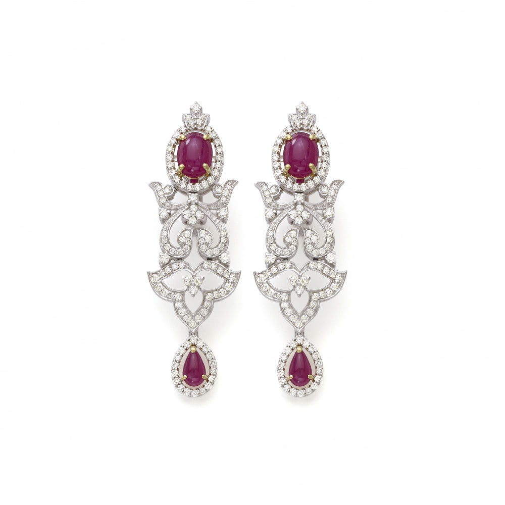 Ruby Set 18k White Gold Diamond Floral Drop Dangle Earrings Devam