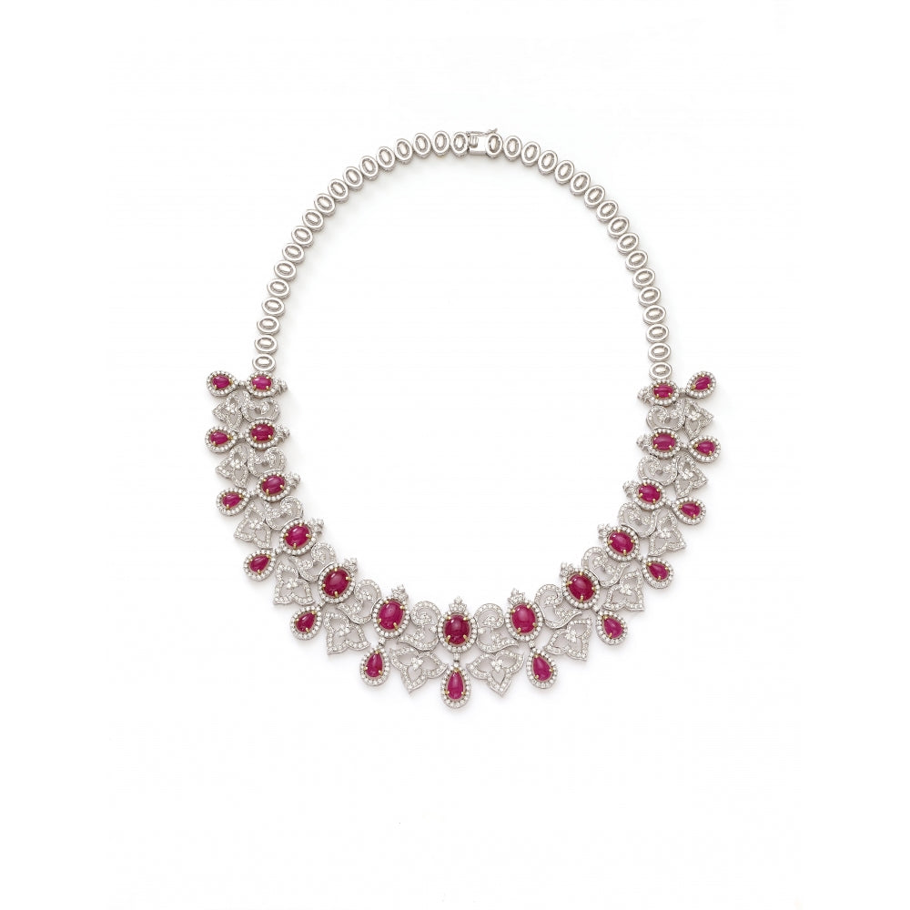 Ruby Set Diamond Floral Motif 18k White Gold Necklace Devam
