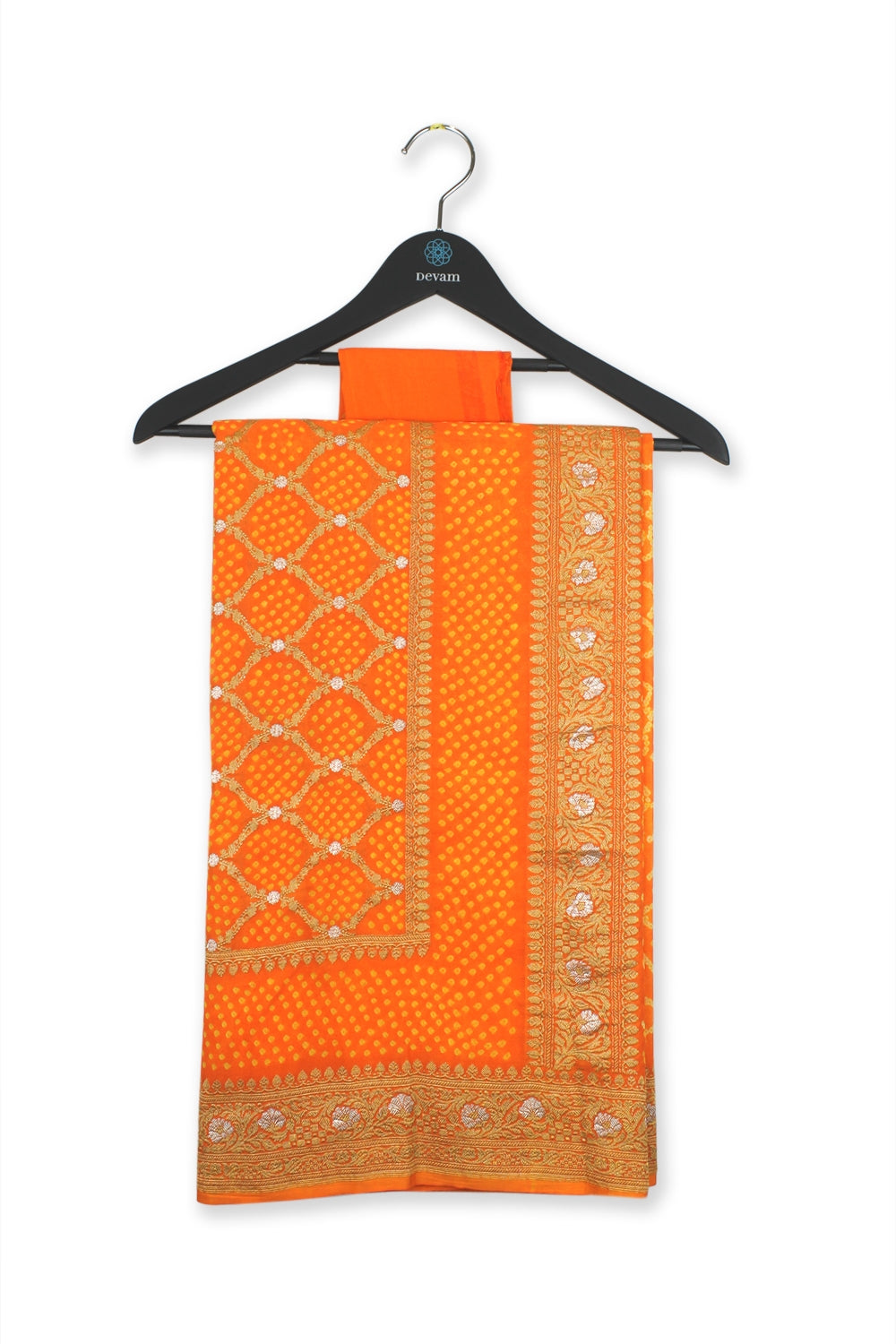 Orange Brocade Handloom Georgette Bandhej Saree Devam