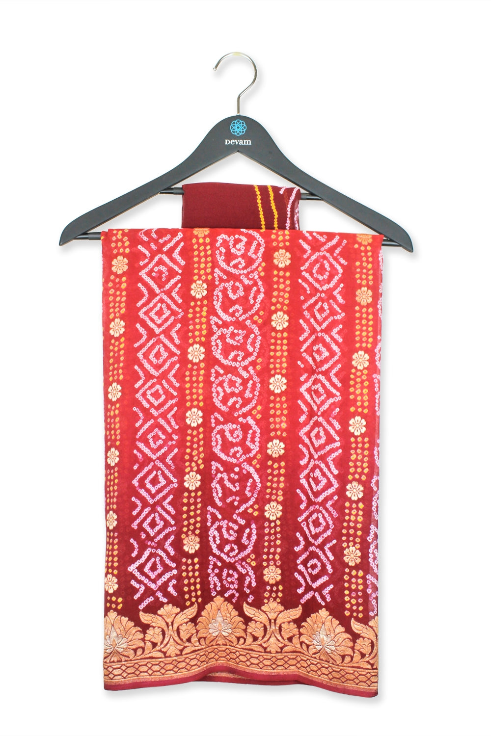 Red Gradient Floral Column Handloom Georgette Bandhej Saree Devam