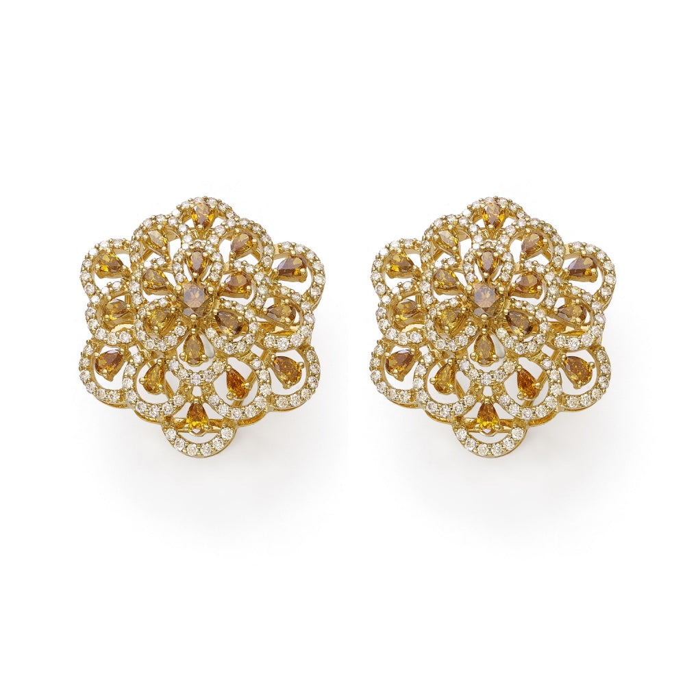 18k Golden Fancy Color Diamond Floral Stud Earrings Devam