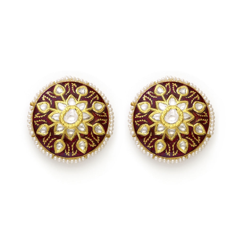 22k Polki Diamond & Pearl Floral Meenakari Stud Earrings Devam