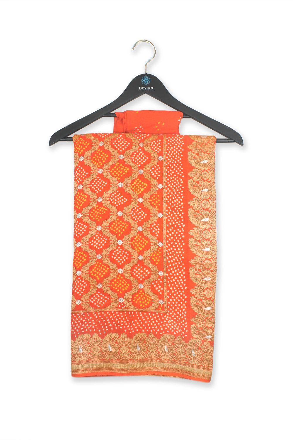 Sunset Orange Handloom Bandhej Brocade Georgette Saree Devam