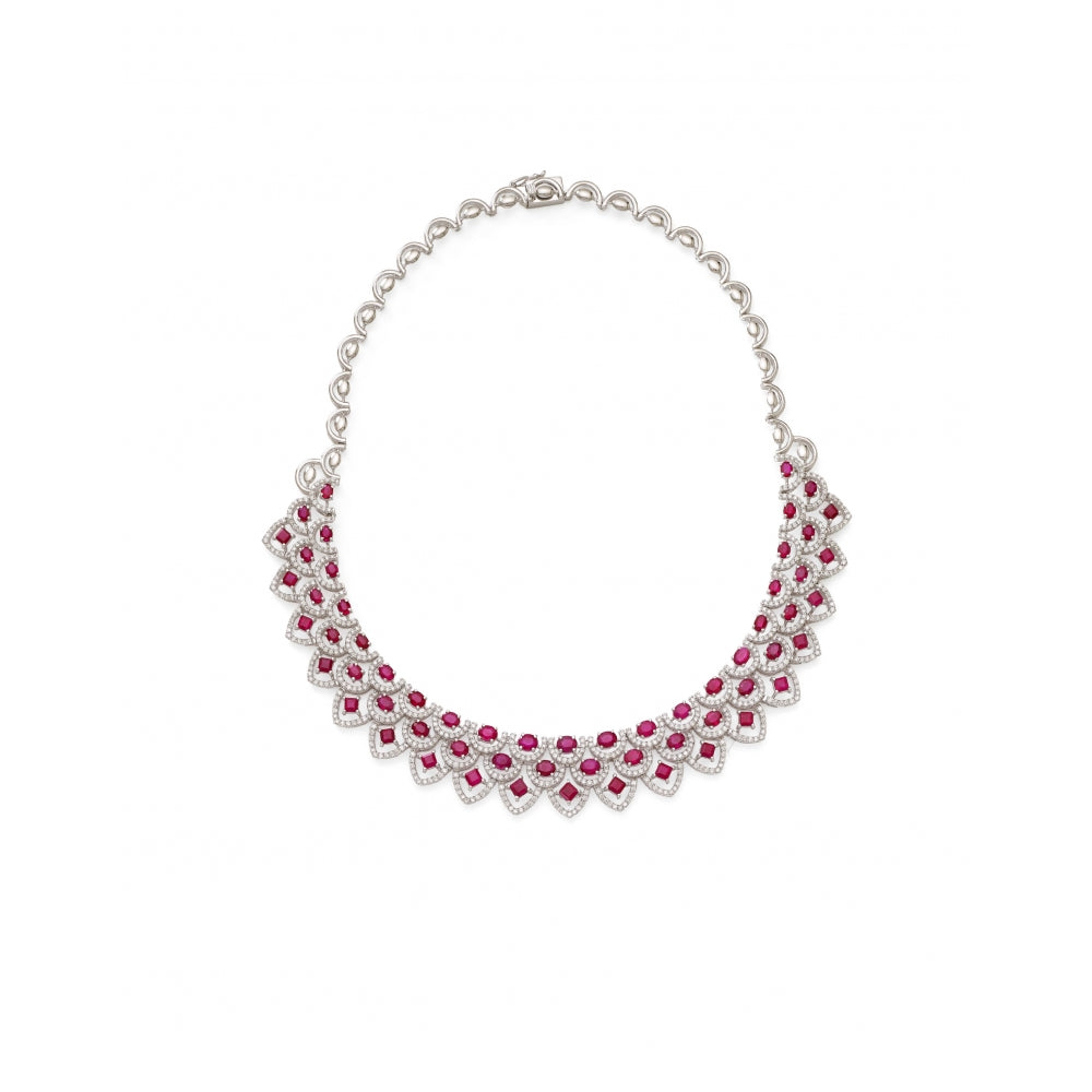 18k White Gold Ruby Crescent Diamond Necklace Set Devam