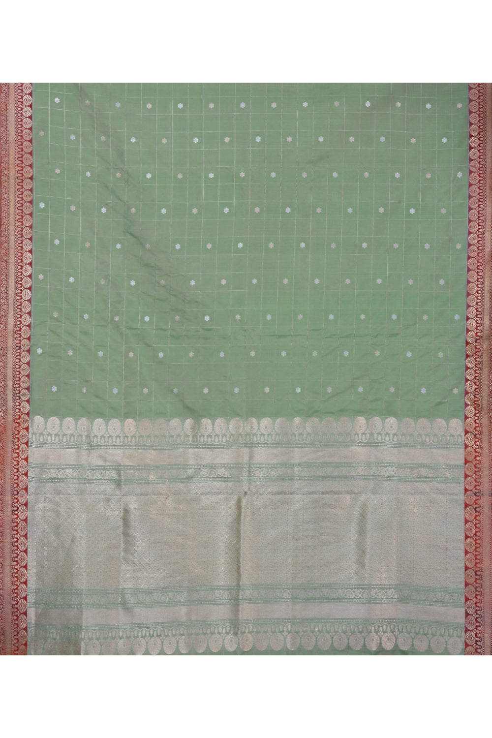 Olive Green & Golden Checked Hand Loom Silk Banarasi Saree Devam