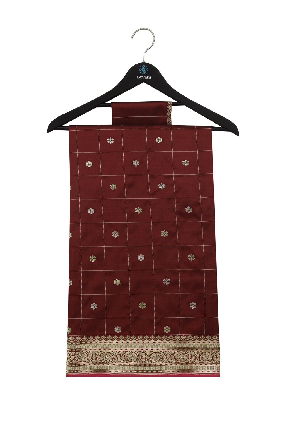Garnet & Golden Checked Hand Loom Silk Banarasi Saree Devam