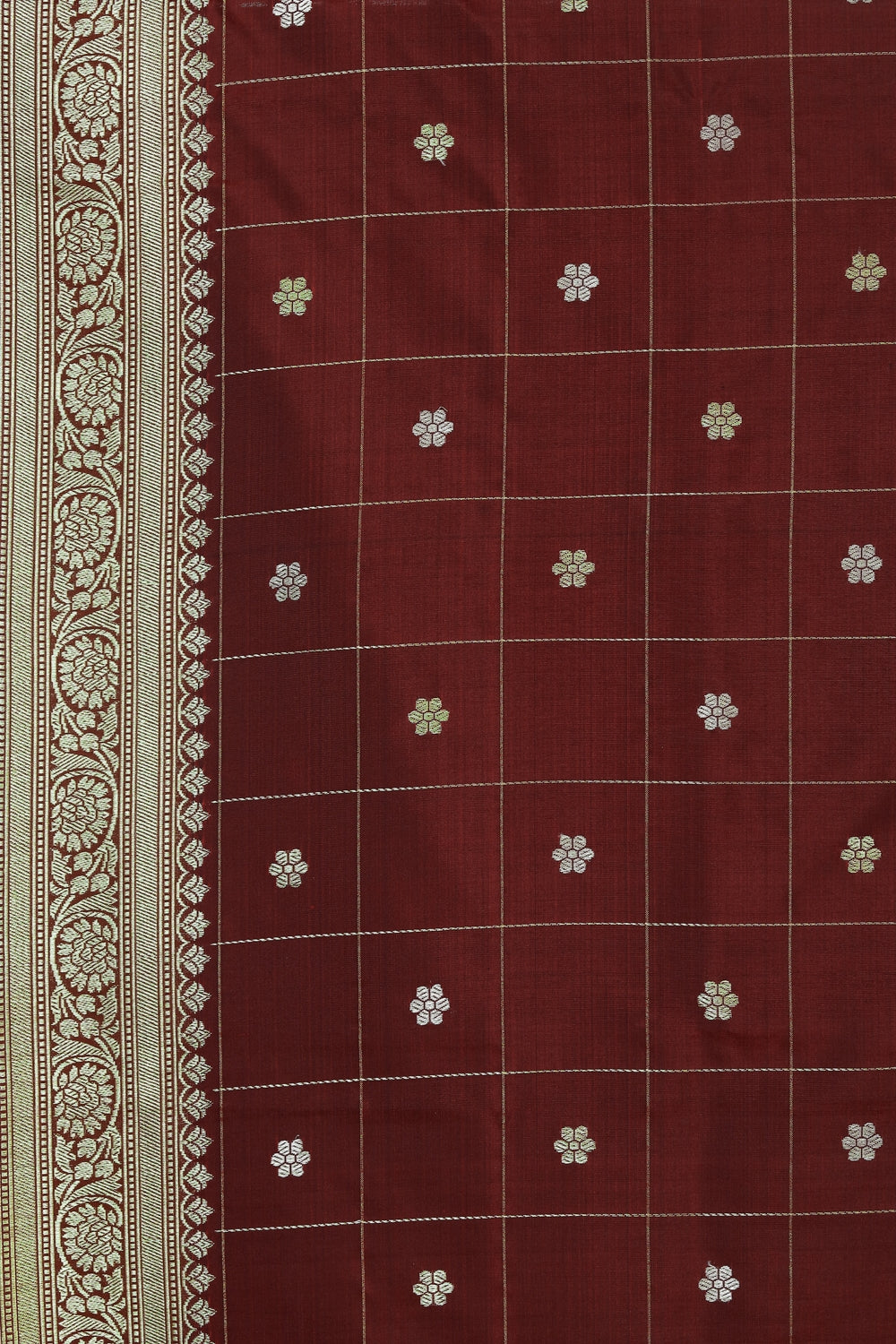 Garnet & Golden Checked Hand Loom Silk Banarasi Saree Devam