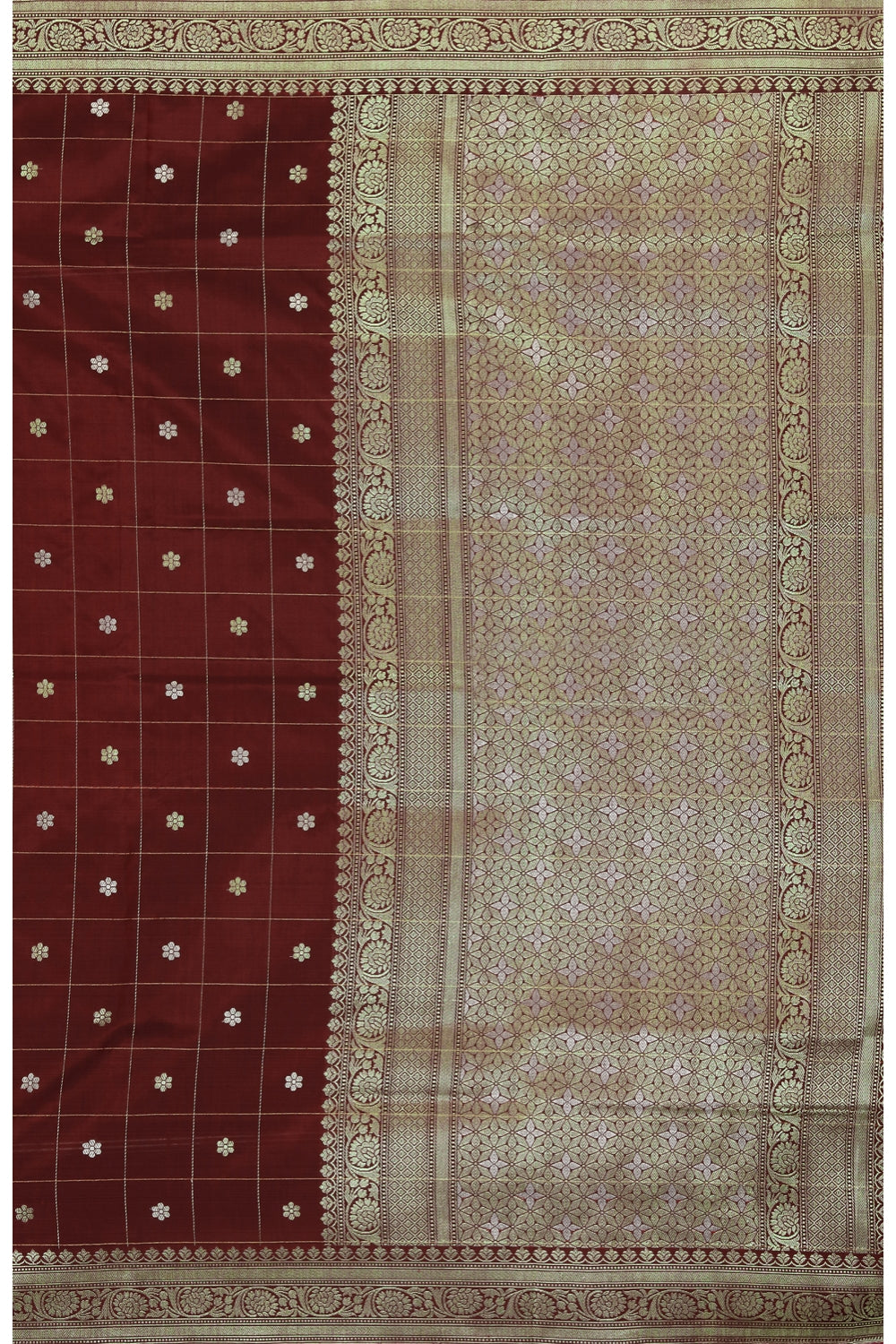 Garnet & Golden Checked Hand Loom Silk Banarasi Saree Devam