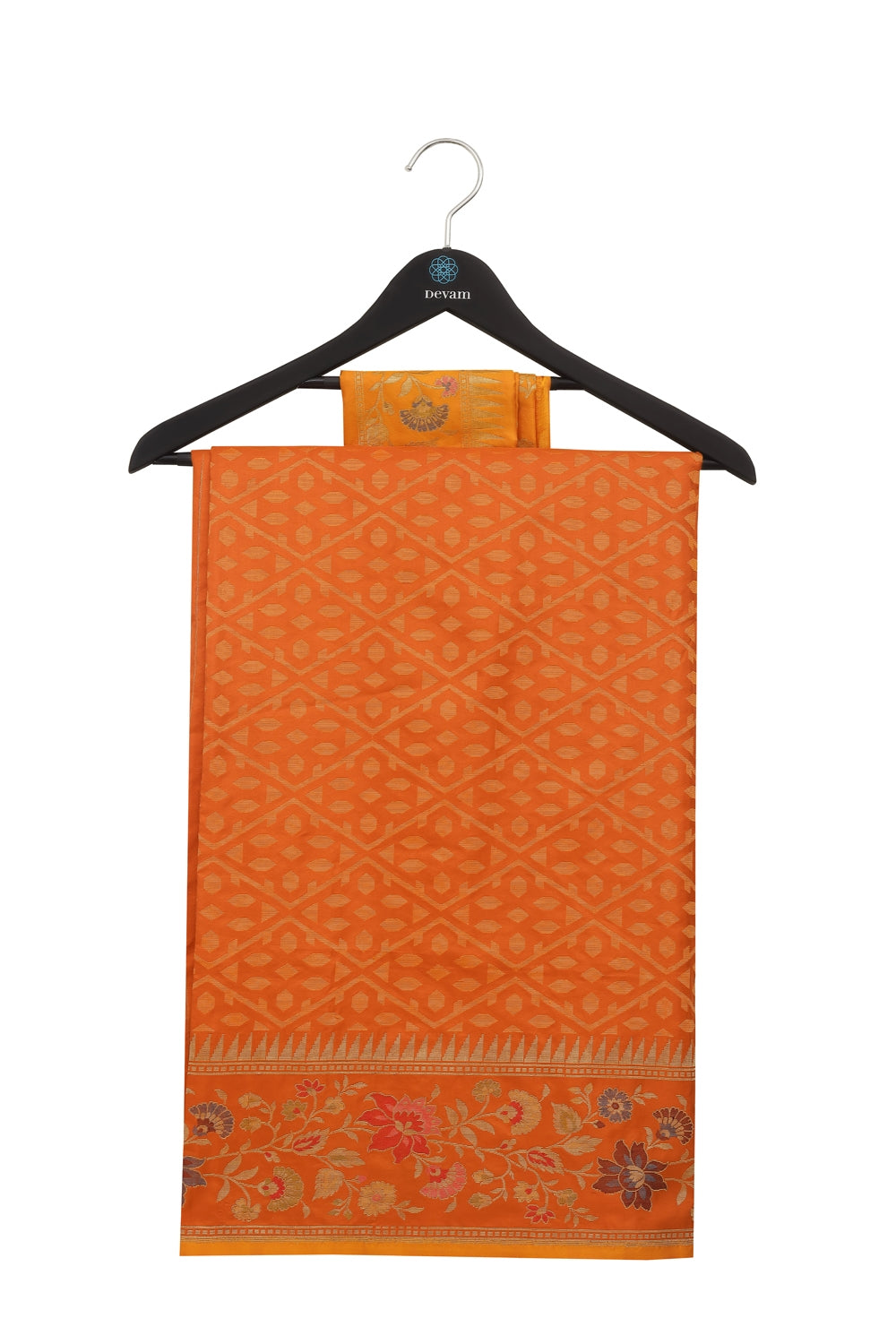 Sunburst Orange Checkered Handloom Silk Banarasi Saree Devam