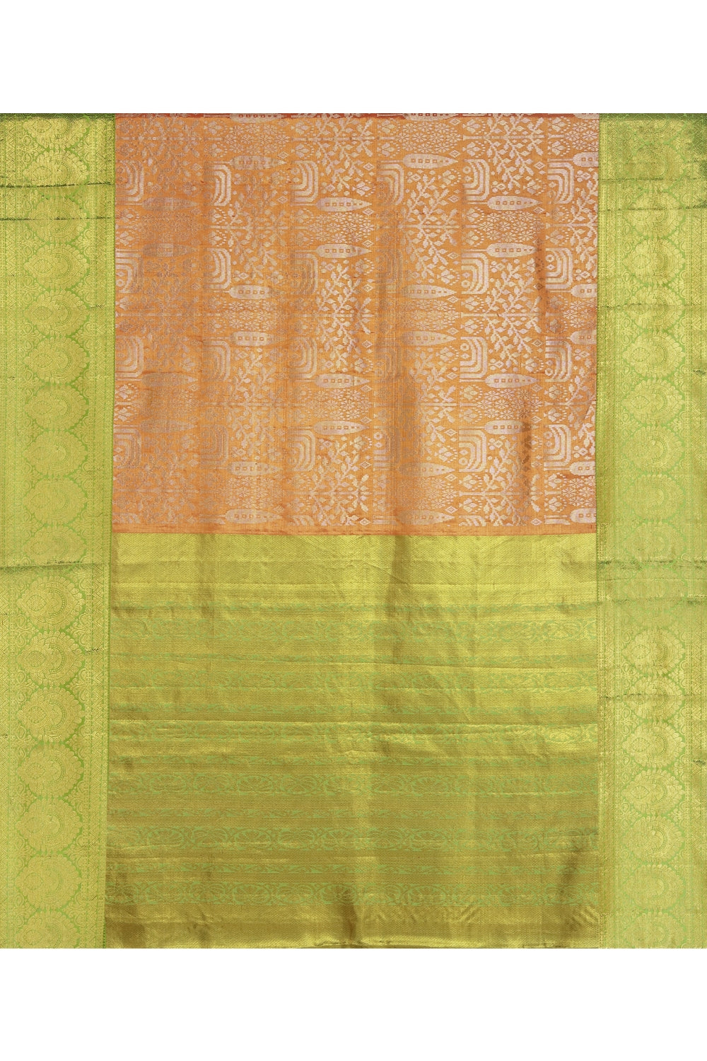 Tangerine Real Jari Golden Silk Kanjeevaram Saree Devam
