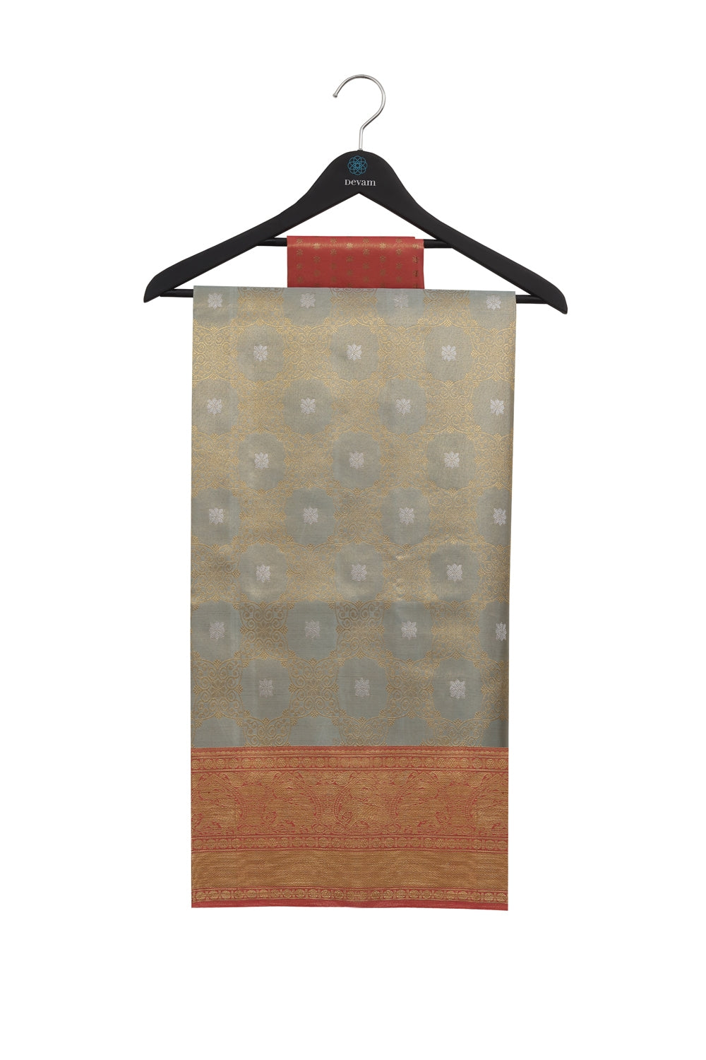Real Jari Silver Golden Lotus Brocade Silk Kanjeevaram Saree Devam